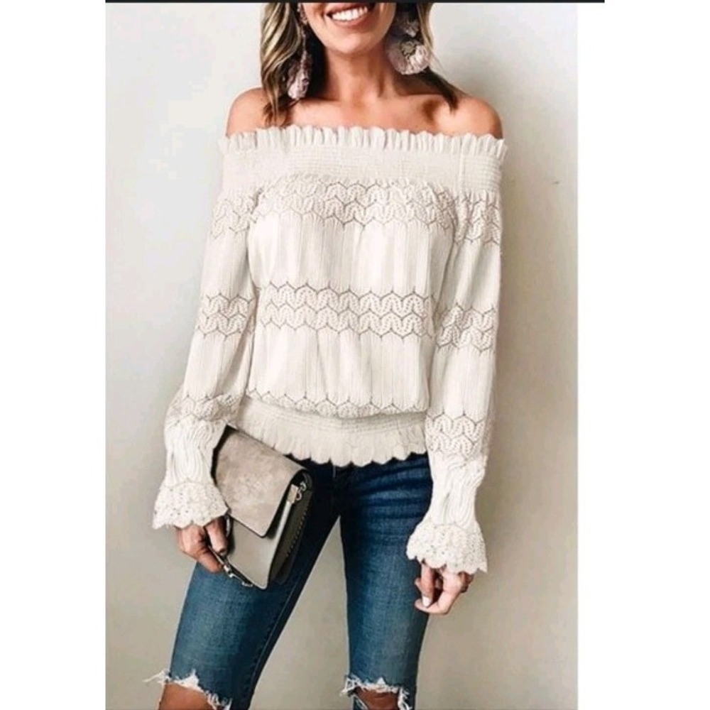 Anthropologie Deletta‎ Ruffle Long Sleeve Lace Off Shoulder Boho Celestial Top S